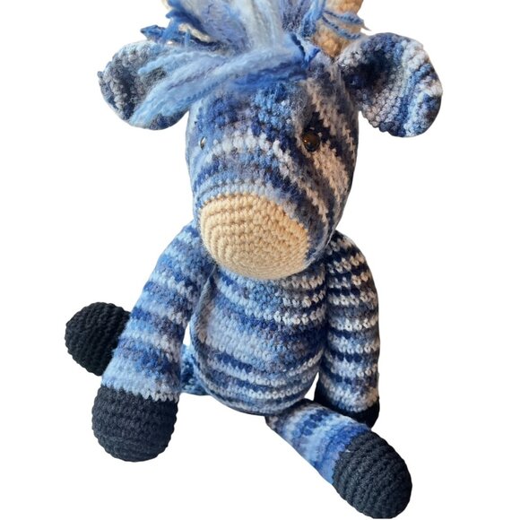 Hand Knitted Blue Striped Cow Toy Stuffed Animal Child’s Snuggle Gift - Picture 1 of 12